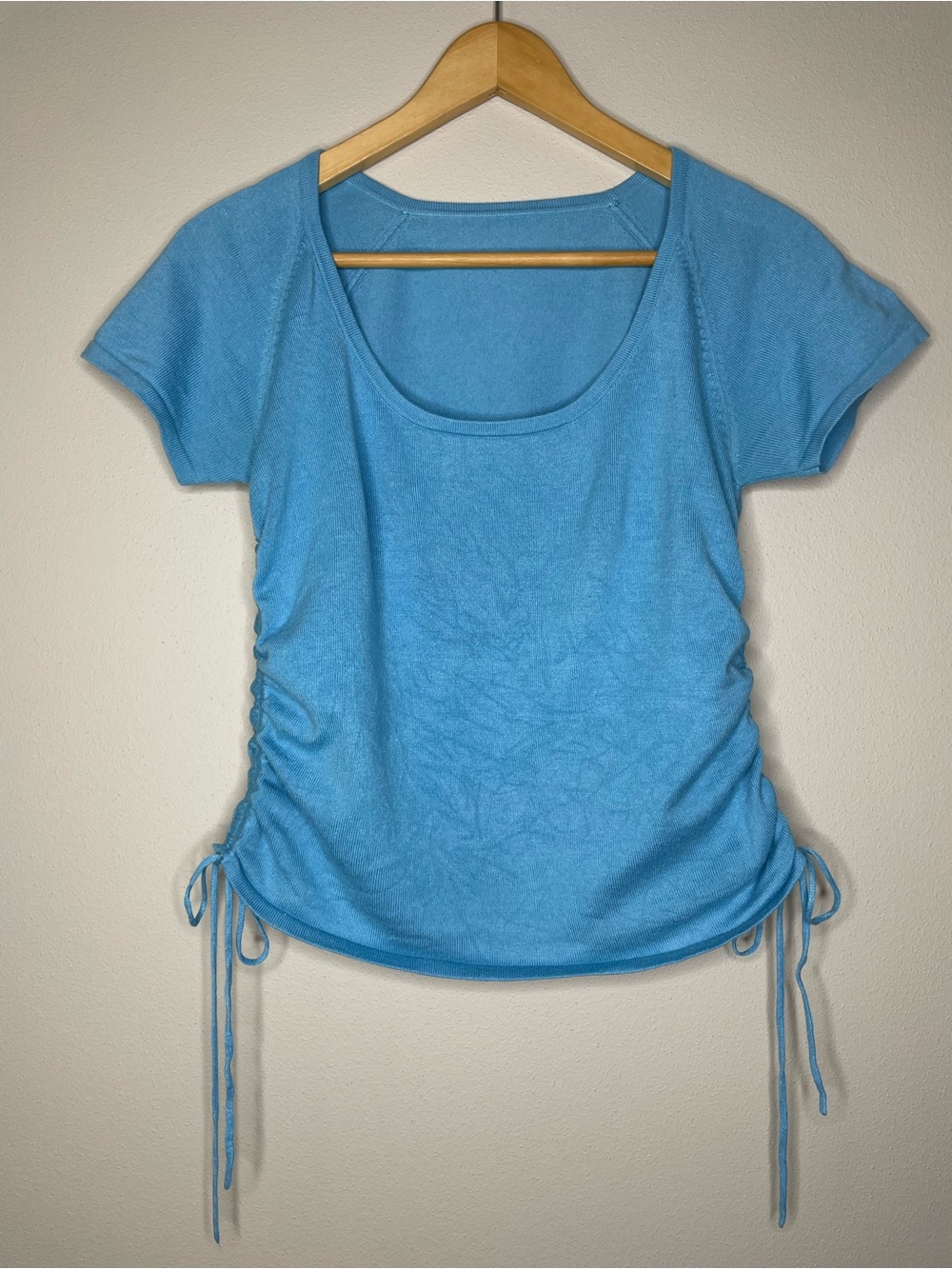 Vintage 80s Light Blue Scoop Neck Side-Ruched Lightweight Sweater Tee